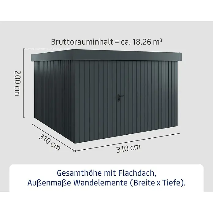 EcoStar Gerätehaus Euroline Trend EFD14 - Außenbreite inkl. Dachüberstand: 333 cm, Außentiefe inkl. Dachüberstand: 325 cm, Stahl, Anthrazitgrau, Einzeltür - Dunkelgraues Gartenhaus mit Flachdach, 200 cm hoch, 310x310 cm Grundfläche.