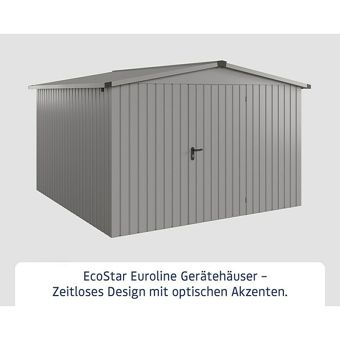 EcoStar Gerätehaus Euroline Trend ESD14 (Außenbreite inkl. Dachüberstand: 333 cm, Außentiefe inkl. Dachüberstand: 325 cm, Stahl, Graualuminium, Einzeltür) | BAUHAUS