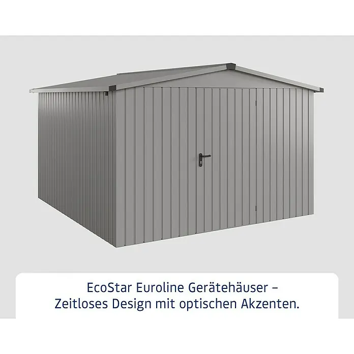 EcoStar Gerätehaus Euroline Trend ESD14 - Außenbreite inkl. Dachüberstand: 333 cm, Außentiefe inkl. Dachüberstand: 325 cm, Stahl, Graualuminium, Einzeltür - Graues Metall-Gerätehaus mit vertikaler Verkleidung und schwarzem Türgriff für den Außenbereich.