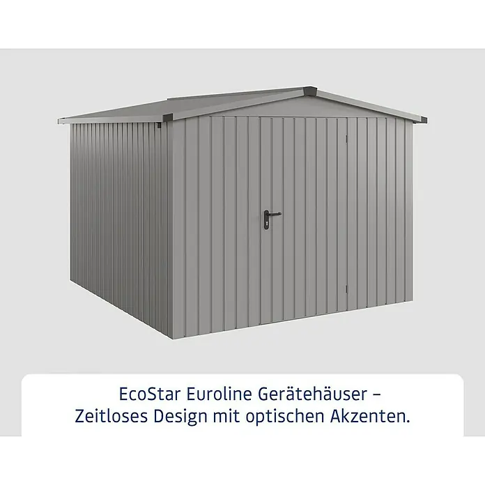 EcoStar Gerätehaus Euroline Trend ESD10 - Außenbreite inkl. Dachüberstand: 285 cm, Außentiefe inkl. Dachüberstand: 278 cm, Stahl, Graualuminium, Einzeltür - Graues EcoStar Euroline Gerätehaus aus Metall mit Giebeldach und schwarzem Griff.