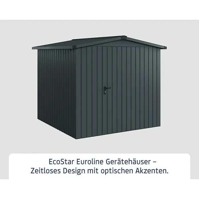 EcoStar Gerätehaus Euroline Trend ESD5 - Außenbreite inkl. Dachüberstand: 237 cm, Außentiefe inkl. Dachüberstand: 229 cm, Stahl, Anthrazitgrau, Einzeltür - Dunkelgraues Gerätehaus aus geripptem Metall mit schwarzem Türgriff und Giebeldach.