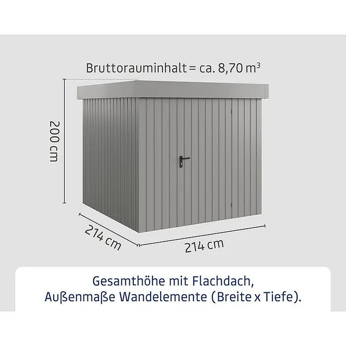 EcoStar Gerätehaus Euroline Trend EFD5 - Außenbreite inkl. Dachüberstand: 237 cm, Außentiefe inkl. Dachüberstand: 229 cm, Stahl, Graualuminium, Einzeltür - Abbildung eines Gerätehauses mit Flachdach und den Maßen 214 x 214 x 200 cm, sowie einem Bruttorauminhalt von ca. 8,70 m³.