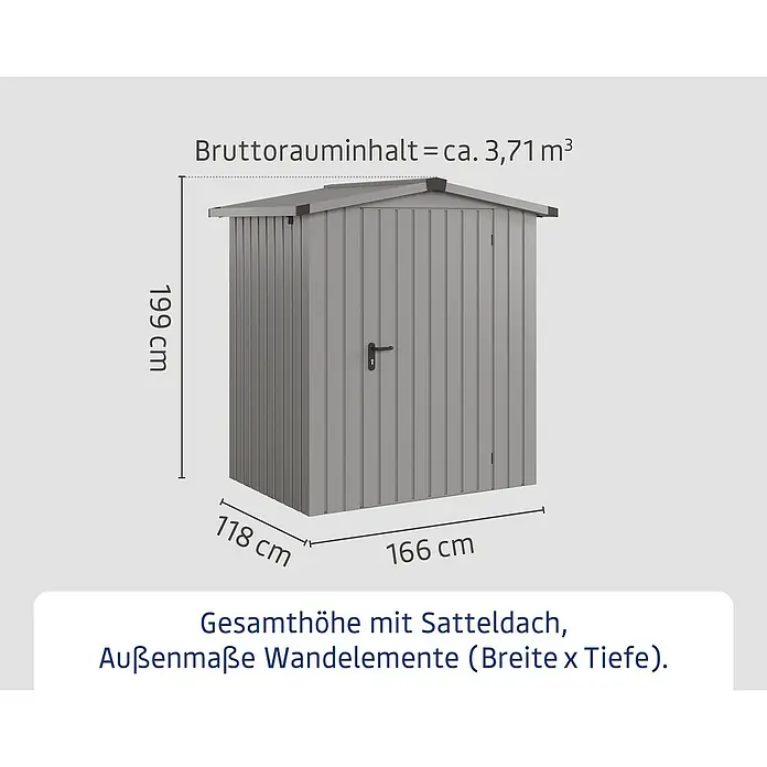 EcoStar Gerätehaus Eurline Trend ESD1 - Außenbreite inkl. Dachüberstand: 189 cm, Außentiefe inkl. Dachüberstand: 134 cm, Stahl, Graualuminium - Grauer Metall-Gartenschuppen mit Maßen 199 cm H x 166 cm B x 118 cm T und einem Bruttorauminhalt von ca. 3,71 m³.