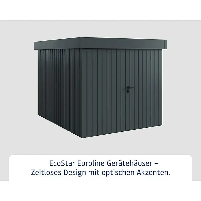 EcoStar Gerätehaus Euroline Trend EFD6 - Außenbreite inkl. Dachüberstand: 237 cm, Außentiefe inkl. Dachüberstand: 278 cm, Stahl, Anthrazitgrau, Doppeltür - Anthrazitfarbenes EcoStar Eurolíne Gerätehaus mit vertikalen Paneelen, Flachdach und schwarzem Türgriff.