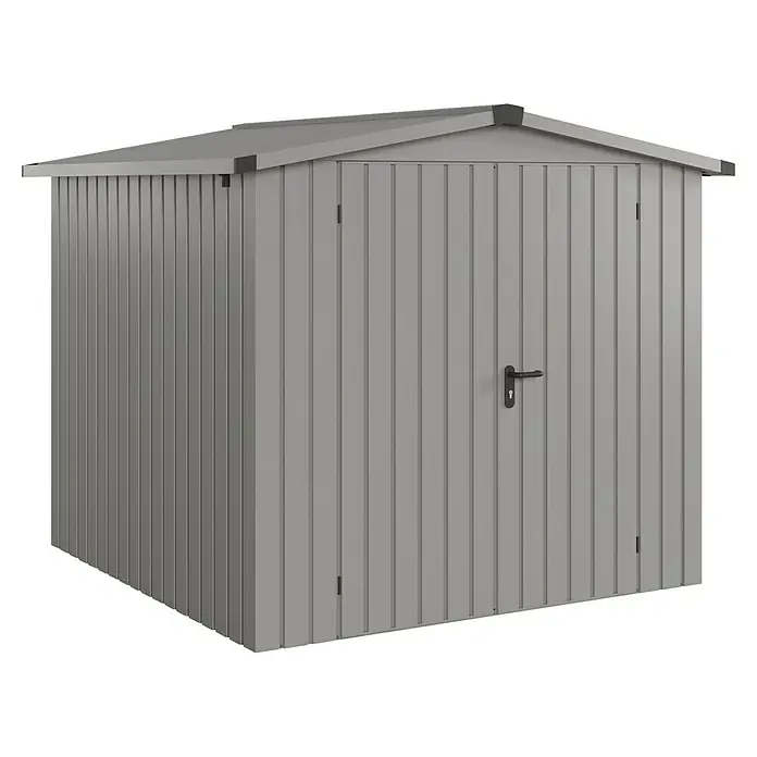 EcoStar Gerätehaus Euroline Trend ESD5 - Außenbreite inkl. Dachüberstand: 237 cm, Außentiefe inkl. Dachüberstand: 229 cm, Stahl, Graualuminium, Doppeltür - Graues Metall-Gartenhaus mit Pultdach und einer Tür mit schwarzem Griff.