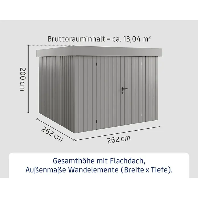 EcoStar Gerätehaus Euroline Trend EFD10 - Außenbreite inkl. Dachüberstand: 285 cm, Außentiefe inkl. Dachüberstand: 278 cm, Stahl, Graualuminium, Doppeltür - Graues Gartenhaus mit Flachdach und Maßen: Höhe 200 cm, Breite 262 cm, Tiefe 262 cm, Bruttorauminhalt 13,04 m³.