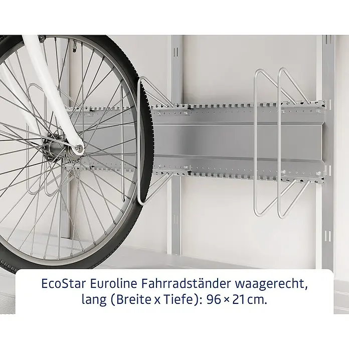 EcoStar Fahrradhalter - B x L: 95 x 21 cm, Passend für: EcoStar Gerätehaus Euroline Trend - EcoStar Euroline Fahrradständer waagerecht aus silbernem Metall, mit einem Fahrradrad darin. Maße: 96x21 cm.