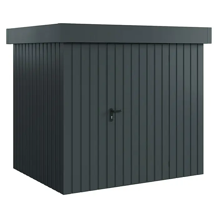 EcoStar Gerätehaus Euroline Trend EFD4 - Außenbreite inkl. Dachüberstand: 237 cm, Außentiefe inkl. Dachüberstand: 181 cm, Stahl, Anthrazitgrau, Einzeltür - Dunkelgrauer Geräteschrank mit vertikalen Paneelen und schwarzem Griff.