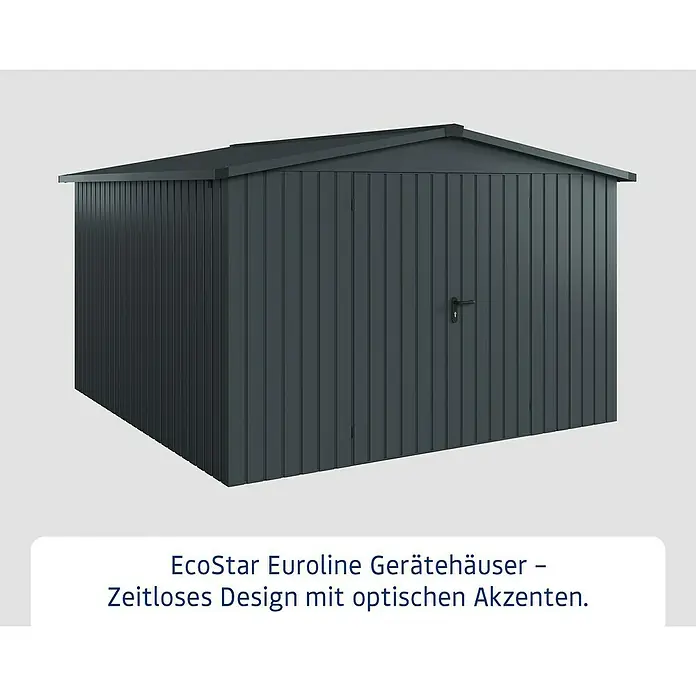 EcoStar Gerätehaus Euroline Trend ESD 14 - Außenbreite inkl. Dachüberstand: 333 cm, Außentiefe inkl. Dachüberstand: 325 cm, Stahl, Anthrazitgrau, Doppeltür - Dunkelgraues Metallgerätehaus mit Satteldach und Türgriff.