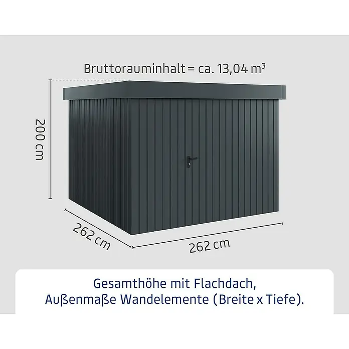 EcoStar Gerätehaus Euroline Trend EFD10 - Außenbreite inkl. Dachüberstand: 285 cm, Außentiefe inkl. Dachüberstand: 278 cm, Stahl, Anthrazitgrau, Einzeltür - Dunkelgraues Gartenhaus (200 cm H, 262x262 cm BxT) mit Flachdach, ca. 13,04 m³ Volumen.