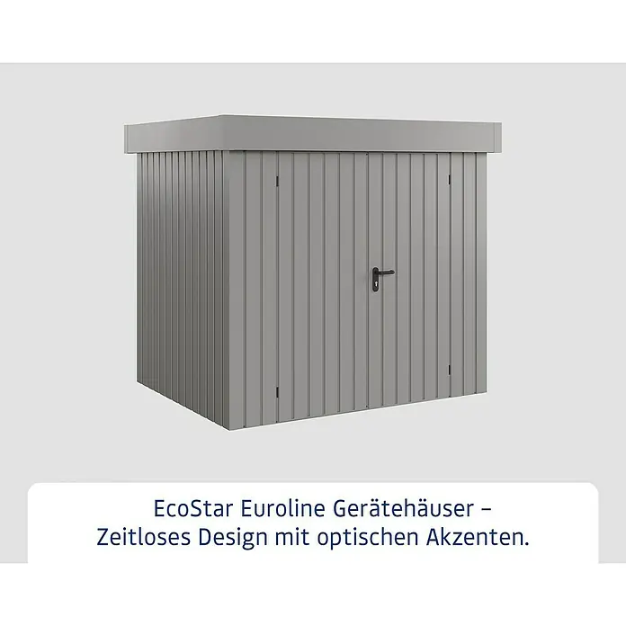EcoStar Gerätehaus Euroline Trend EFD4 - Außenbreite inkl. Dachüberstand: 237 cm, Außentiefe inkl. Dachüberstand: 181 cm, Stahl, Graualuminium, Doppeltür - Grau EcoStar Euroline Gerätehaus mit gerippten Platten und schwarzem Griff.
