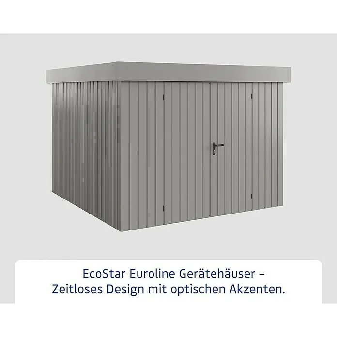 EcoStar Gerätehaus Euroline Trend EFD10 - Außenbreite inkl. Dachüberstand: 285 cm, Außentiefe inkl. Dachüberstand: 278 cm, Stahl, Graualuminium, Doppeltür - EcoStar Euroline graues Metall-Gerätehaus mit Flachdach und geriffelten Paneelen.