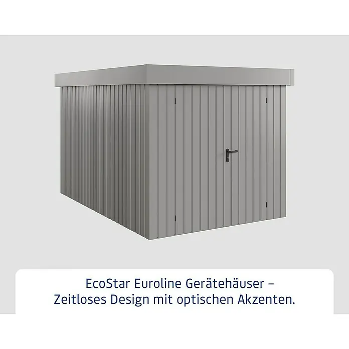 EcoStar Gerätehaus Euroline Trend EFD7 - Außenbreite inkl. Dachüberstand: 237 cm, Außentiefe inkl. Dachüberstand: 325 cm, Stahl, Graualuminium, Doppeltür - Graues Gerätehaus mit vertikalen Paneelen und schwarzem Griff.