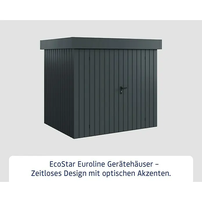 EcoStar Gerätehaus Euroline Trend EFD4 - Außenbreite inkl. Dachüberstand: 237 cm, Außentiefe inkl. Dachüberstand: 181 cm, Stahl, Anthrazitgrau, Doppeltür - Dunkelgraues EcoStar Eurolíne Gerätehaus mit vertikal gerippten Wänden und schwarzem Türgriff.