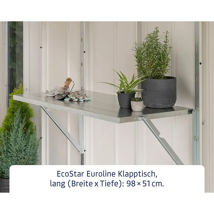 EcoStar Klapptisch 960 - L x B: 52 x 98 cm - Metall-Klapptisch für Gartenarbeit, mit Werkzeug und Pflanzen in einem Geräteschuppen.