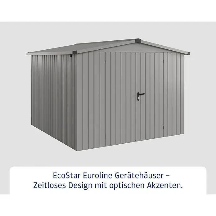 EcoStar Gerätehaus Euroline Trend ESD10 - Außenbreite inkl. Dachüberstand: 285 cm, Außentiefe inkl. Dachüberstand: 278 cm, Stahl, Graualuminium, Doppeltür - Graues Metallgerätehaus mit Satteldach und schwarzem Türgriff.