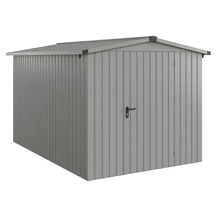 EcoStar Gerätehaus Euroline Trend ESD7 - Außenbreite inkl. Dachüberstand: 237 cm, Außentiefe inkl. Dachüberstand: 325 cm, Stahl, Graualuminium, Einzeltür - Graues Metallgartenhaus mit vertikalen Paneelen und Satteldach, mit einer einzelnen Tür und schwarzem Griff.