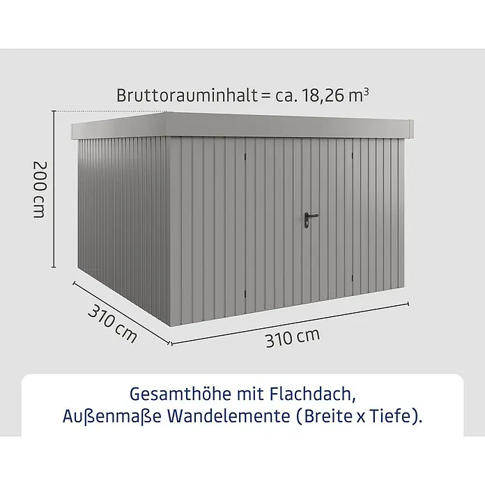 EcoStar Gerätehaus Euroline Trend EFD14 - Außenbreite inkl. Dachüberstand: 333 cm, Außentiefe inkl. Dachüberstand: 325 cm, Stahl, Graualuminium, Doppeltür - Graues Gartenhaus mit Flachdach, H200xW310xT310 cm, ca. 18,26 m³ Volumen.