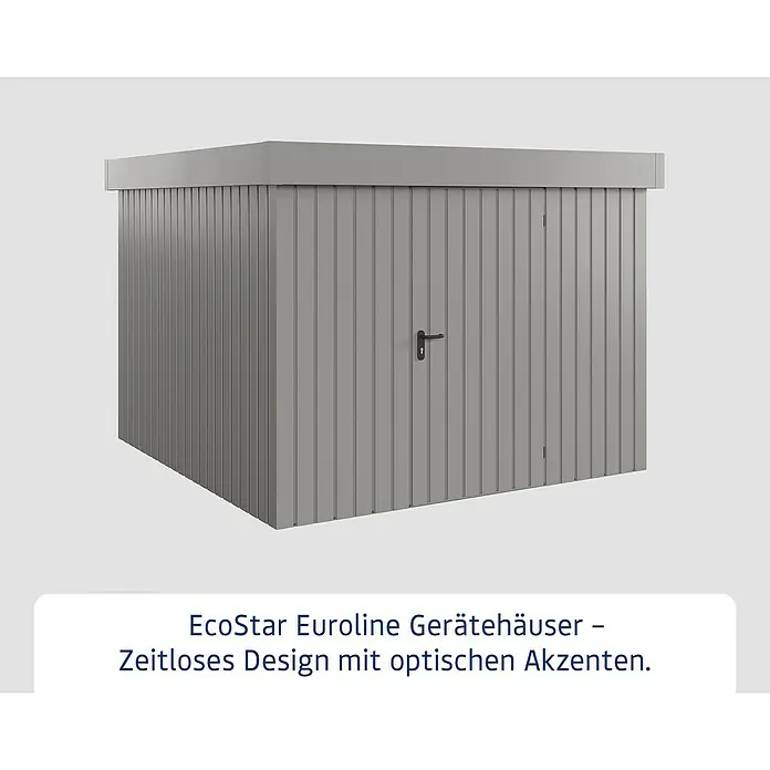 EcoStar Gerätehaus Euroline Trend EFD10 - Außenbreite inkl. Dachüberstand: 285 cm, Außentiefe inkl. Dachüberstand: 278 cm, Stahl, Graualuminium, Einzeltür - Graues Metallgerätehaus mit Flachdach und vertikalen Paneelen. Ausgestattet mit schwarzem Türgriff.