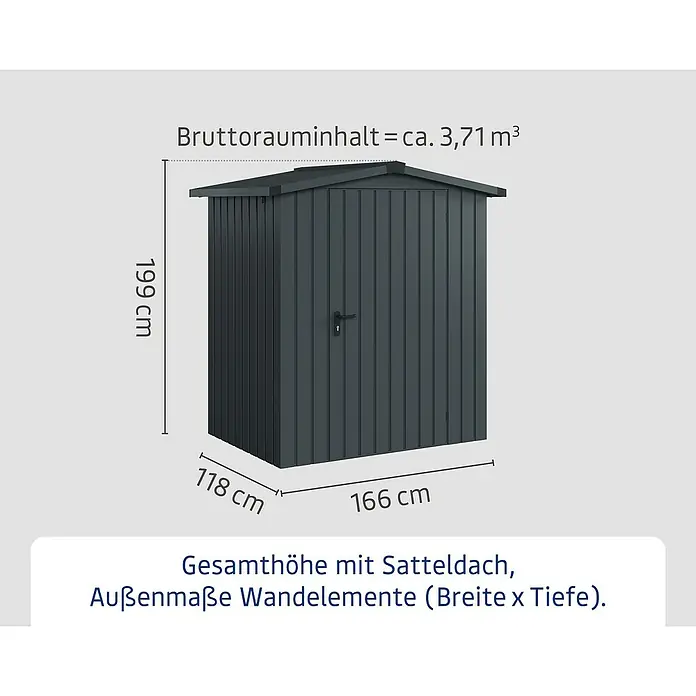 EcoStar Gerätehaus Eurline Trend ESD1 - Außenbreite inkl. Dachüberstand: 189 cm, Außentiefe inkl. Dachüberstand: 134 cm, Stahl, Anthrazitgrau - Dunkelgraues Gartenhaus mit Satteldach, 199 cm hoch, 166 cm breit, 118 cm tief, Bruttorauminhalt ca. 3,71 m³.