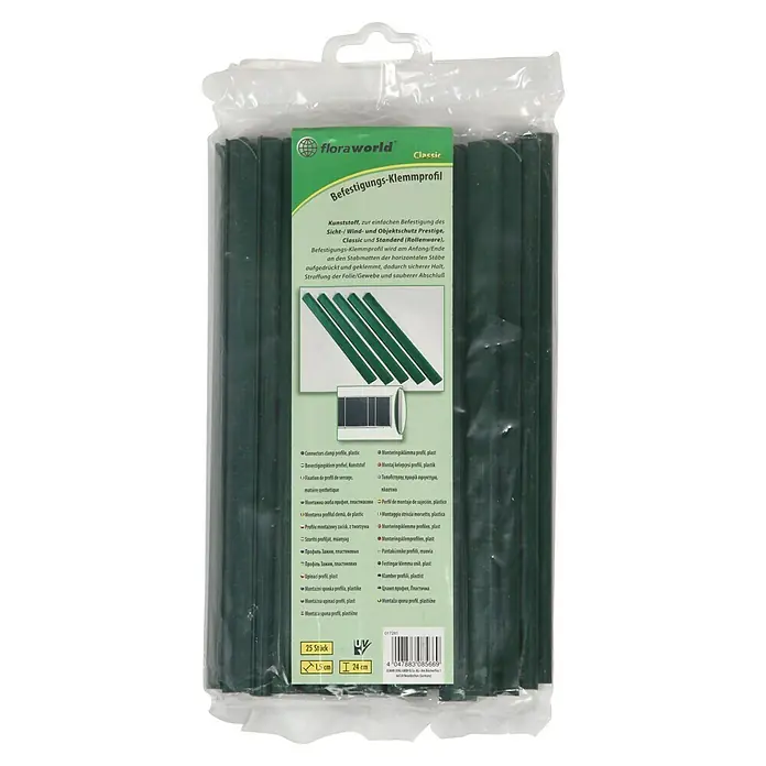 Floraworld Klemmprofile - 24 cm - 25 dunkelgrüne Kunststoff-Befestigungsklemmprofile zur Sicherung von Folien oder Geweben an Zäunen.
