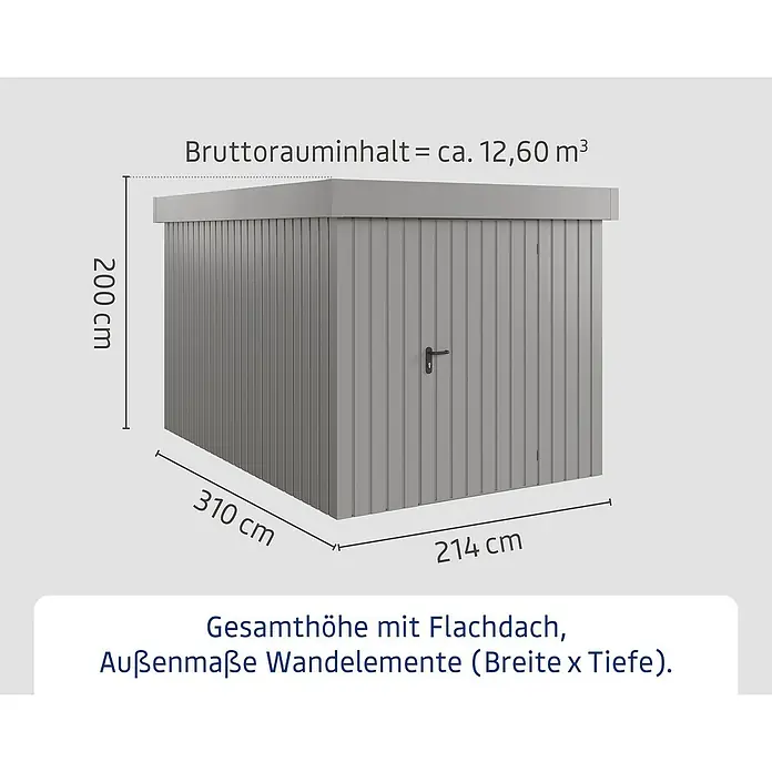 EcoStar Gerätehaus Euroline Trend EFD7 - Außenbreite inkl. Dachüberstand: 237 cm, Außentiefe inkl. Dachüberstand: 325 cm, Stahl, Graualuminium, Einzeltür - Grauer Geräteschuppen, 200 cm hoch, 214 cm breit, 310 cm tief, mit ca. 12,60 m³ Bruttorauminhalt.
