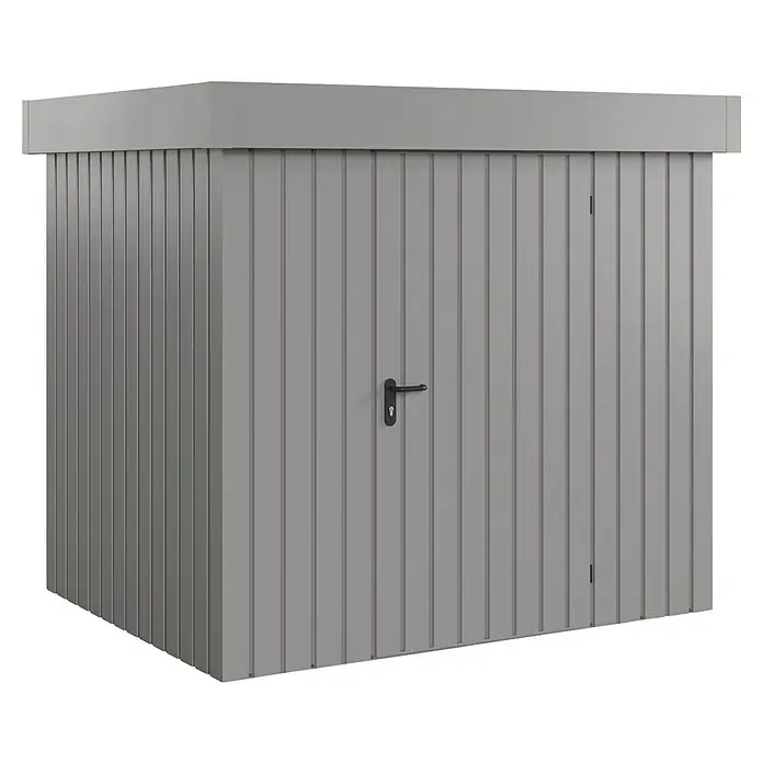 EcoStar Gerätehaus Euroline Trend EFD4 - Außenbreite inkl. Dachüberstand: 237 cm, Außentiefe inkl. Dachüberstand: 181 cm, Stahl, Graualuminium, Einzeltür - Grauer gerippter Gartenschuppen mit schwarzem Türgriff.