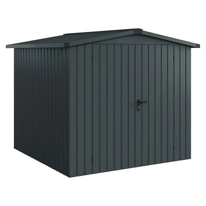 EcoStar Gerätehaus Euroline Trend ESD5 - Außenbreite inkl. Dachüberstand: 237 cm, Außentiefe inkl. Dachüberstand: 229 cm, Stahl, Anthrazitgrau, Doppeltür - Dunkelgrauer Metall-Gartenschuppen mit Wellblechpaneelen und Schrägdach.