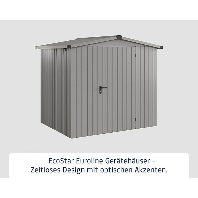 EcoStar Gerätehaus Euroline Trend ESD4 (Außenbreite inkl. Dachüberstand: 237 cm, Außentiefe inkl. Dachüberstand: 181 cm, Stahl, Graualuminium, Einzeltür) | BAUHAUS