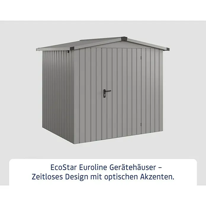 EcoStar Gerätehaus Euroline Trend ESD4 - Außenbreite inkl. Dachüberstand: 237 cm, Außentiefe inkl. Dachüberstand: 181 cm, Stahl, Graualuminium, Einzeltür - Graues Gartenhaus aus Wellblech mit Satteldach und schwarzem Griff.