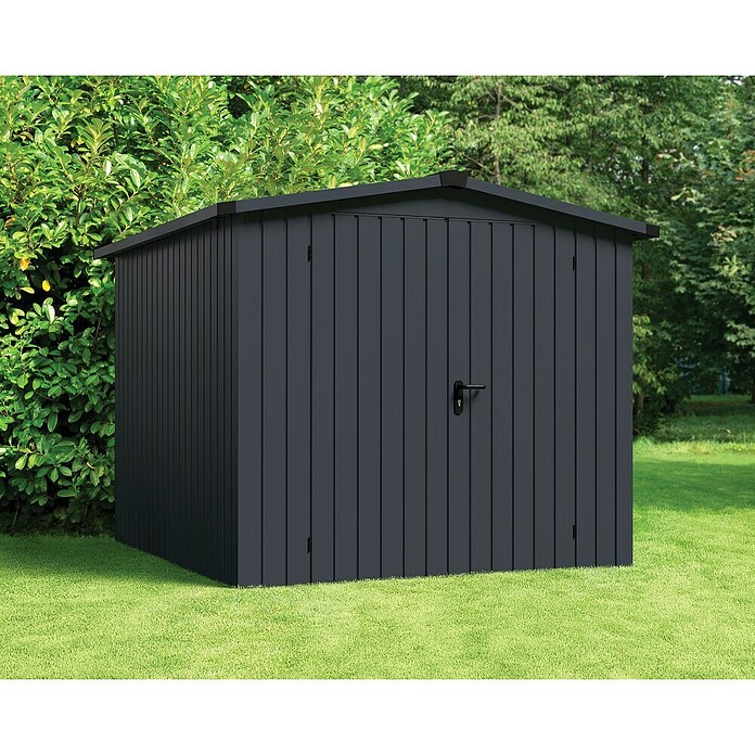 EcoStar Gerätehaus Euroline Trend ESD6 (Außenbreite inkl. Dachüberstand: 237 cm, Außentiefe inkl. Dachüberstand: 278 cm, Stahl, Anthrazitgrau, Doppeltür) | BAUHAUS