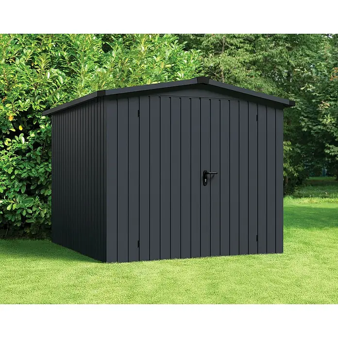 EcoStar Gerätehaus Euroline Trend ESD6 - Außenbreite inkl. Dachüberstand: 237 cm, Außentiefe inkl. Dachüberstand: 278 cm, Stahl, Anthrazitgrau, Doppeltür - Moderner anthrazitfarbener Metall-Gartenschuppen mit Pultdach und Doppeltüren.