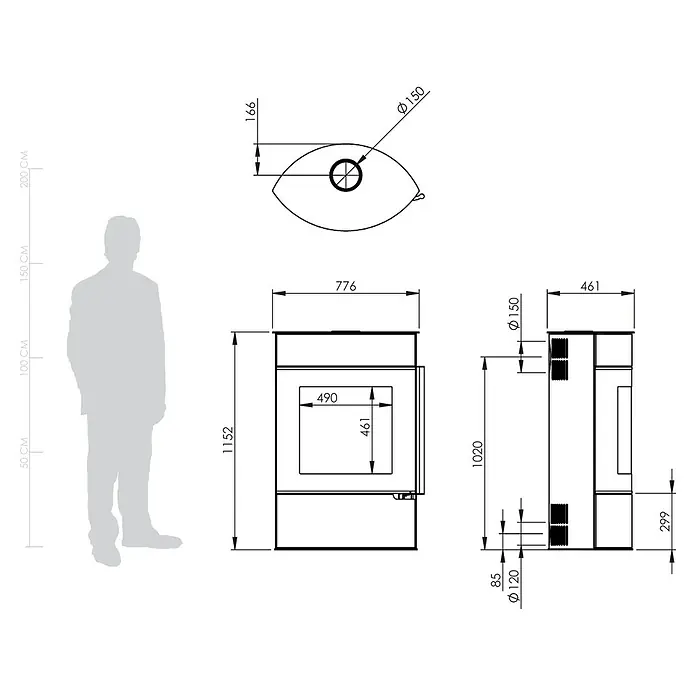 Kaminofen Elipso Max - 8 kW, Raumheizvermögen: 229 m³, Material Verkleidung: Stahl, Schwarz - Technische Zeichnungen eines modernen Holzofens mit Hauptmaßen (Höhe 1152mm, Breite 776mm, Rauchrohr Ø150mm) und einer menschlichen Silhouette zur Skalierung.