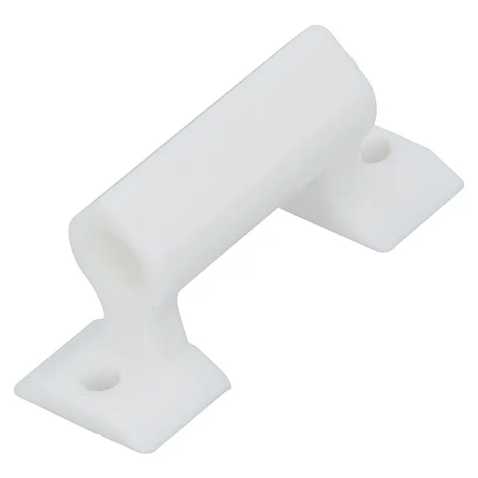 Häfele Anschlag - L x B x H: 16 x 44 x 20 mm, Kunststoff, Weiß - Nahaufnahme einer weißen Fensterverriegelung mit Montagelöchern zur sicheren Befestigung.