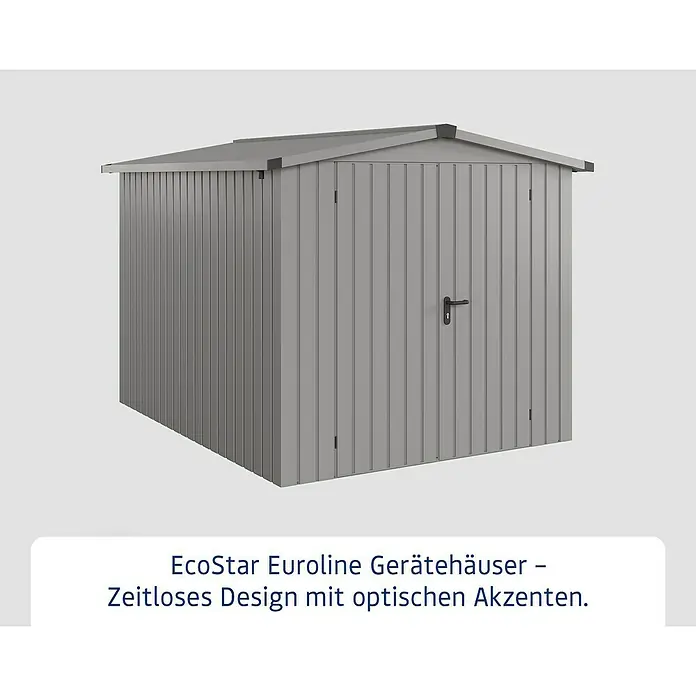 EcoStar Gerätehaus Euroline Trend ESD6 - Außenbreite inkl. Dachüberstand: 237 cm, Außentiefe inkl. Dachüberstand: 278 cm, Stahl, Graualuminium, Doppeltür - Graues Metall-Gerätehaus mit Satteldach und schwarzen Akzenten.
