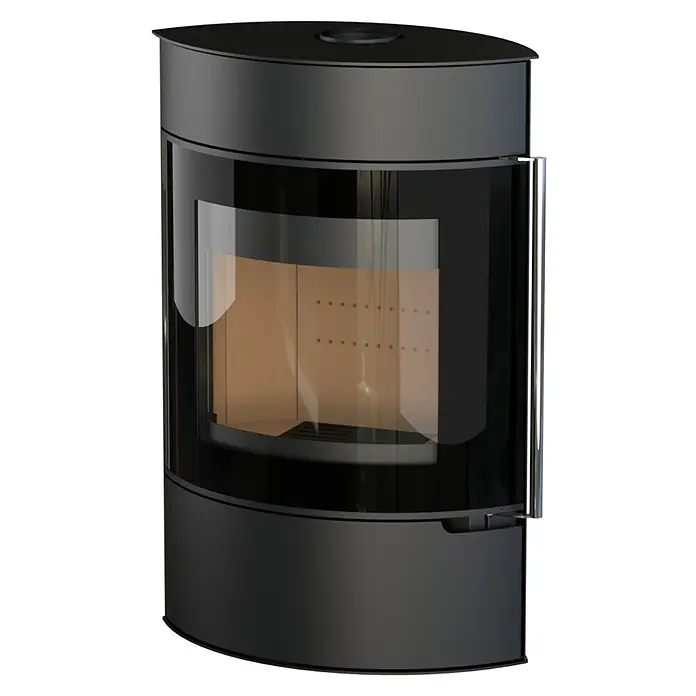 Kaminofen Elipso Max - 8 kW, Raumheizvermögen: 229 m³, Material Verkleidung: Stahl, Schwarz - Schwarzer, moderner Holzofen mit geschwungener Form und großer Glastür.