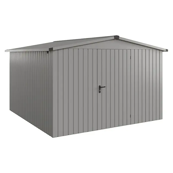 EcoStar Gerätehaus Euroline Trend ESD14 - Außenbreite inkl. Dachüberstand: 333 cm, Außentiefe inkl. Dachüberstand: 325 cm, Stahl, Graualuminium, Einzeltür - Grauer Wellblech-Gartenschuppen mit Pultdach und Einzeltür.