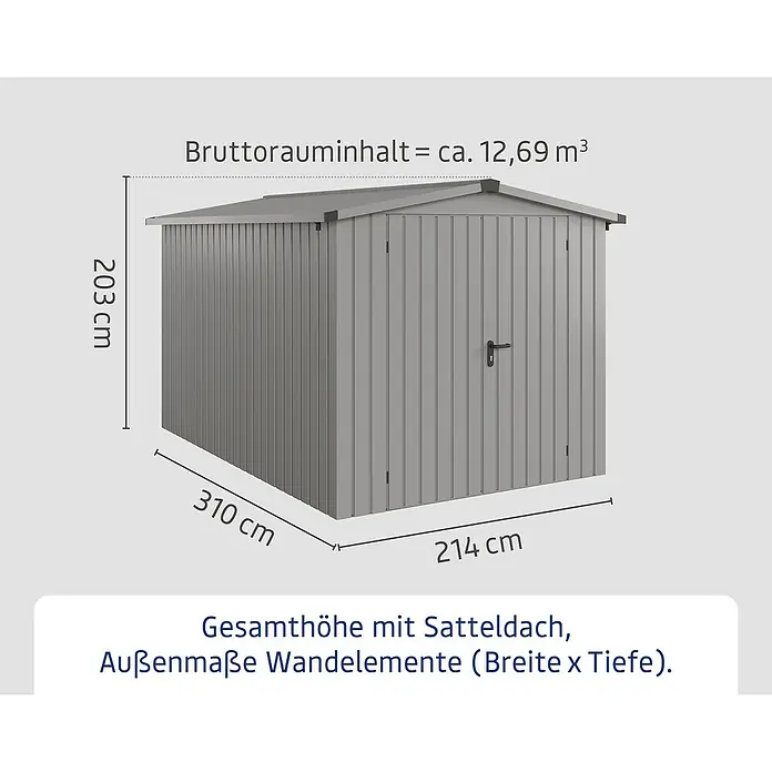 EcoStar Gerätehaus Euroline Trend ESD7 - Außenbreite inkl. Dachüberstand: 237 cm, Außentiefe inkl. Dachüberstand: 325 cm, Stahl, Graualuminium, Doppeltür - Graues Gartenhaus mit Satteldach, Maße 310x214x203 cm, Bruttorauminhalt ca. 12,69 m³.