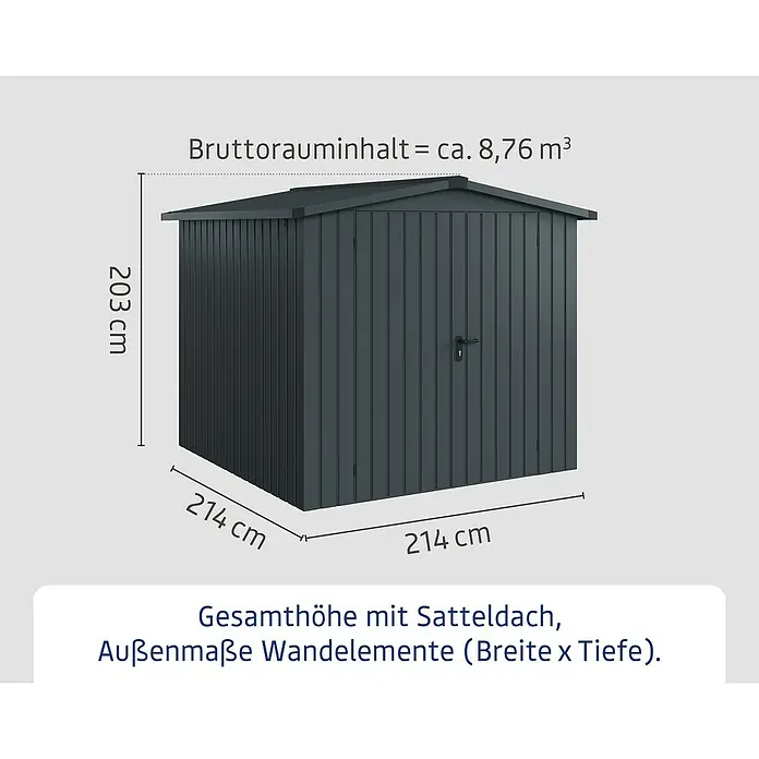 EcoStar Gerätehaus Euroline Trend ESD5 - Außenbreite inkl. Dachüberstand: 237 cm, Außentiefe inkl. Dachüberstand: 229 cm, Stahl, Anthrazitgrau, Doppeltür - Dunkelgraues Metall-Gartenhaus mit Satteldach, 203 cm hoch, 214 cm breit, 214 cm tief. Bruttorauminhalt ca. 8,76 m³.