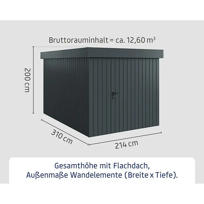 EcoStar Gerätehaus Euroline Trend EFD7 - Außenbreite inkl. Dachüberstand: 237 cm, Außentiefe inkl. Dachüberstand: 325 cm, Stahl, Anthrazitgrau, Einzeltür - Dunkelgraues Gartenhaus mit Flachdach, 310x214x200 cm, ca. 12,60 m³ Volumen.