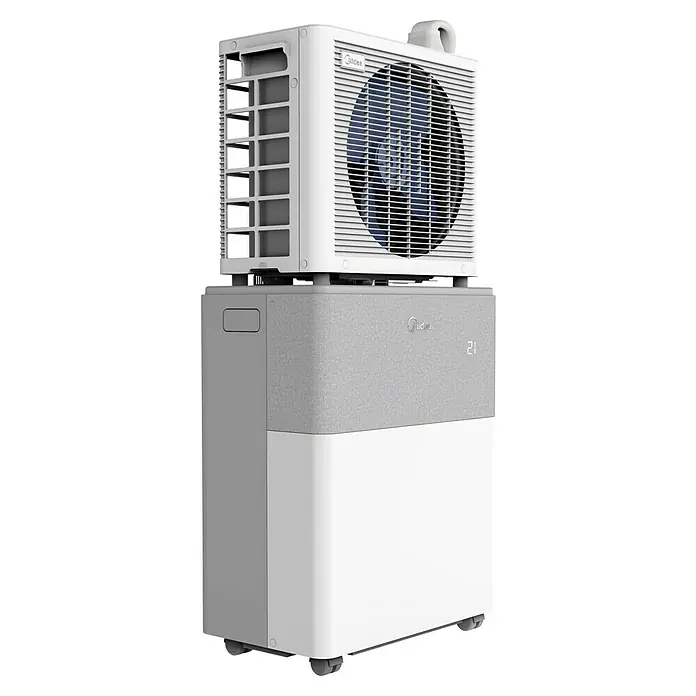 Midea Klimasplitgerät PortaSplit Cool 8.000 Btu - Kühlleistung: 2.300 W, Raumgröße: 28 m² - Tragbare Klimaanlage: weiße Außeneinheit auf grau-weißer Inneneinheit mit Midea-Logo, '21'-Anzeige und Rollen.