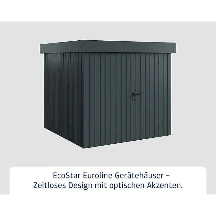 EcoStar Gerätehaus Euroline Trend EFD5 - Außenbreite inkl. Dachüberstand: 237 cm, Außentiefe inkl. Dachüberstand: 229 cm, Stahl, Anthrazitgrau, Doppeltür - Anthrazitfarbenes EcoStar Euroline Gerätehaus mit vertikaler Verkleidung und Flachdach.