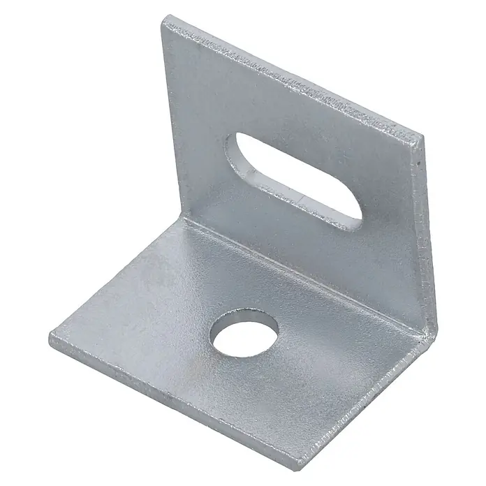 Häfele WinkelverbinderL x B x H: 25 x 17 x 21 mm, Vernickelt - Nahaufnahme einer verzinkten Winkelhalterung mit einem Loch und einem Schlitz zur Befestigung. Ideal für stabile Verbindungen.