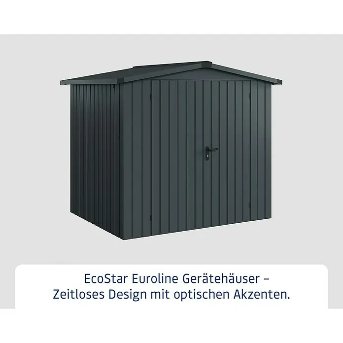 EcoStar Gerätehaus Euroline Trend ESD4 - Außenbreite inkl. Dachüberstand: 237 cm, Außentiefe inkl. Dachüberstand: 181 cm, Stahl, Anthrazitgrau, Doppeltür - Dunkelgraues Metall-Gartenhaus mit Satteldach und zentralem Türgriff.