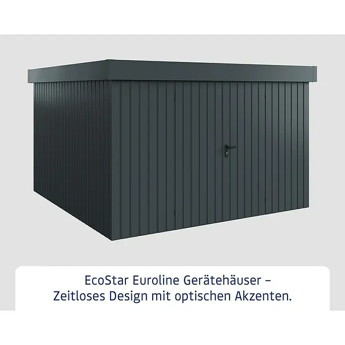 EcoStar Gerätehaus Euroline Trend EFD14 - Außenbreite inkl. Dachüberstand: 333 cm, Außentiefe inkl. Dachüberstand: 325 cm, Stahl, Anthrazitgrau, Doppeltür - Dunkelgraues Metall-Gerätehaus mit vertikaler Verkleidung und Flachdach. Eine Tür mit schwarzem Griff.
