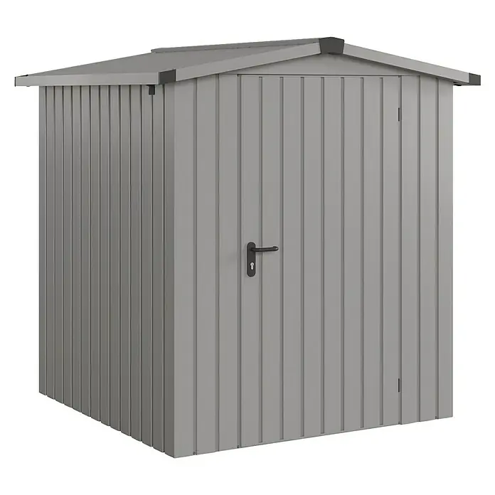 EcoStar Gerätehaus Euroline Trend ESD2 - Außenbreite inkl. Dachüberstand: 189 cm, Außentiefe inkl. Dachüberstand: 181 cm, Stahl, Graualuminium - Grauer Metall-Geräteschuppen mit Tür und Griff.