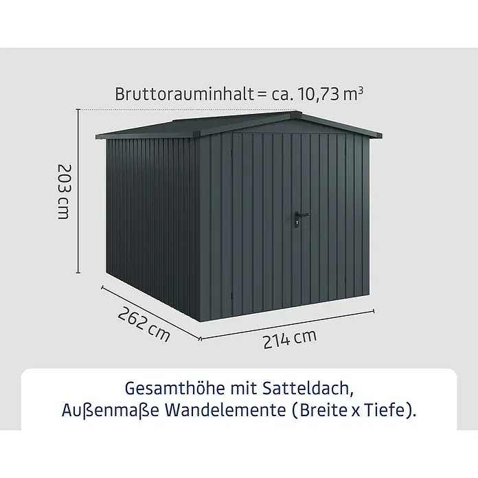 EcoStar Gerätehaus Euroline Trend ESD6 - Außenbreite inkl. Dachüberstand: 237 cm, Außentiefe inkl. Dachüberstand: 278 cm, Stahl, Anthrazitgrau, Doppeltür - Dunkelgraues Metall-Gartenhaus mit Satteldach, Maße 214x262x203 cm und 10,73 m³ Bruttorauminhalt.