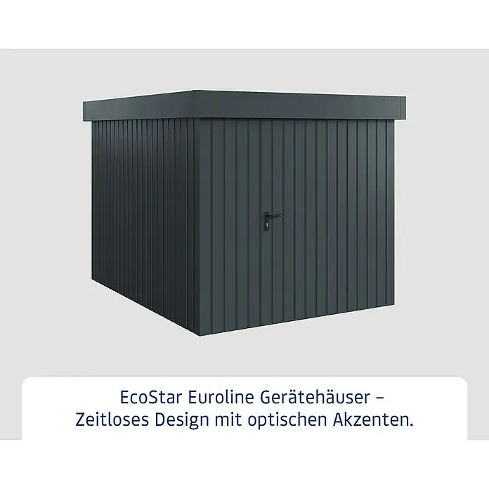 EcoStar Gerätehaus Euroline Trend EFD6 - Außenbreite inkl. Dachüberstand: 237 cm, Außentiefe inkl. Dachüberstand: 278 cm, Stahl, Anthrazitgrau, Einzeltür - Dunkelgraues EcoStar Euroline Gerätehaus mit vertikalen Paneelen und schwarzem Türgriff.