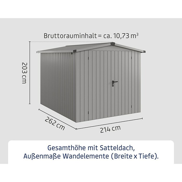 EcoStar Gerätehaus Euroline Trend ESD6 (Außenbreite inkl. Dachüberstand: 237 cm, Außentiefe inkl. Dachüberstand: 278 cm, Stahl, Graualuminium, Doppeltür) | BAUHAUS