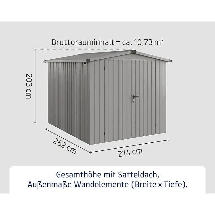 EcoStar Gerätehaus Euroline Trend ESD6 - Außenbreite inkl. Dachüberstand: 237 cm, Außentiefe inkl. Dachüberstand: 278 cm, Stahl, Graualuminium, Doppeltür - Graues Metall-Gartenhaus mit Satteldach, Maße 214x262x203 cm und ca. 10,73 m³ Volumen.